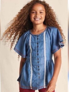 Matilda Jane Chambray Blue Button-Up Top with Lace